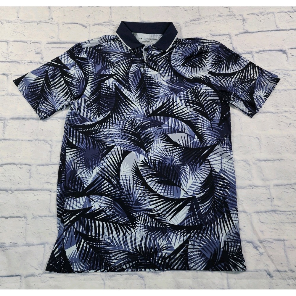 Under Armour Shirt MENS S Blue Palm Leaves Iso Chill Polo Loose Golf Performance